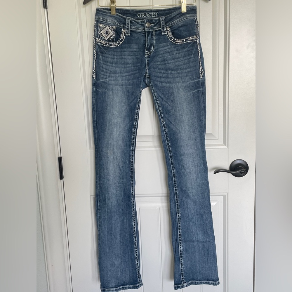 🌵GRACE IN LA WOMAN’S JEANS EMBROIDERED/SEQUENCE SZ.26 COUNTRY LOW RISE